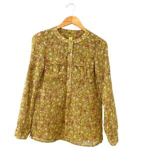QMack Women's Size XS Floral Button-Down Blouse Metallic Thread Sheer Green Pink